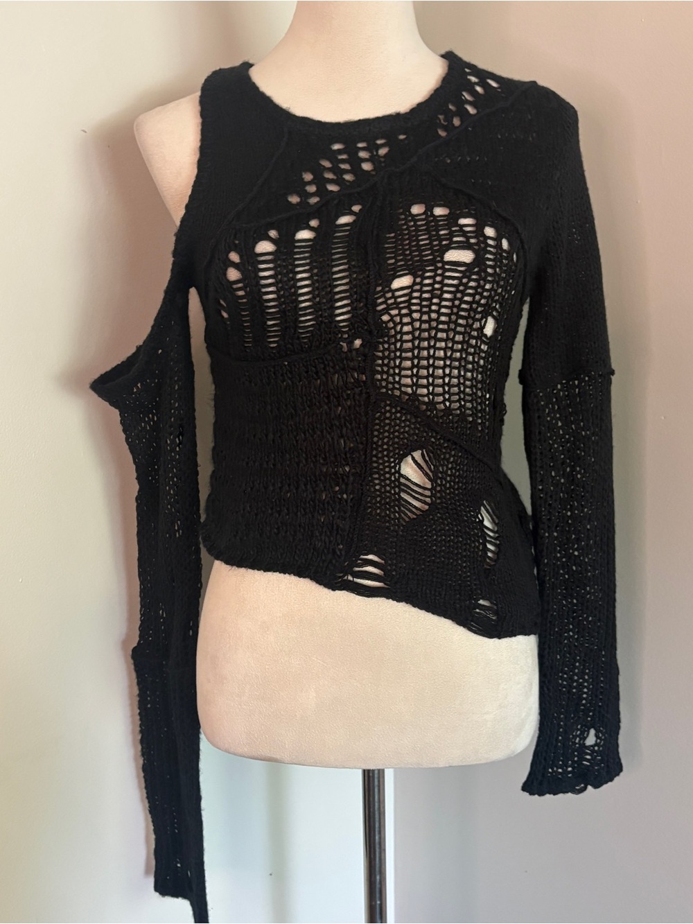 The Ragged Priest Black Distressed Openwork Zap Knit One Shoulder Crew Sweater 6